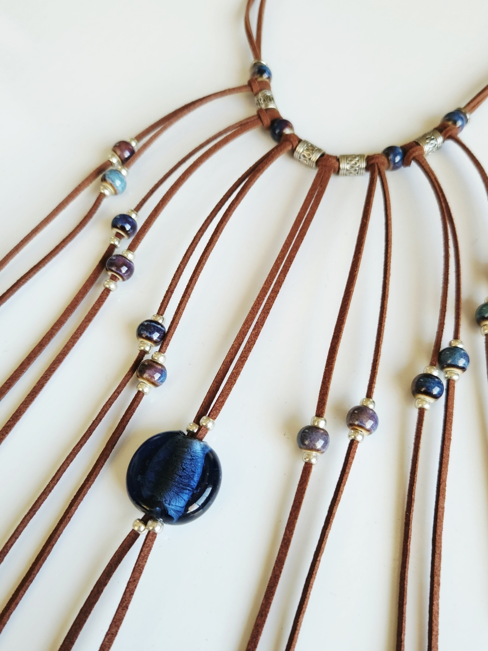 Boho Fringe Necklace with Blue Glass Bead Pendant